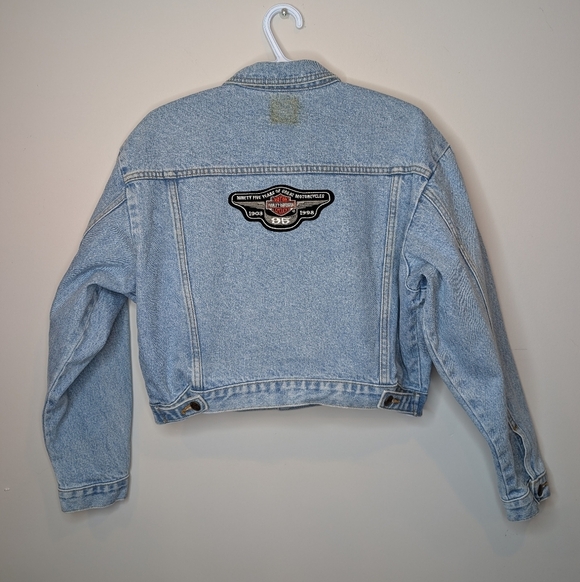 Vintage Linson Harley Davidson Patched Cropped Denim Jacket Women's Large *Stain - Picture 2 of 13
